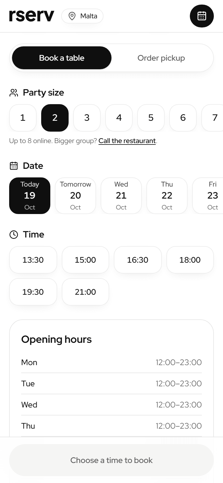 Booking a table: party size, day and time
